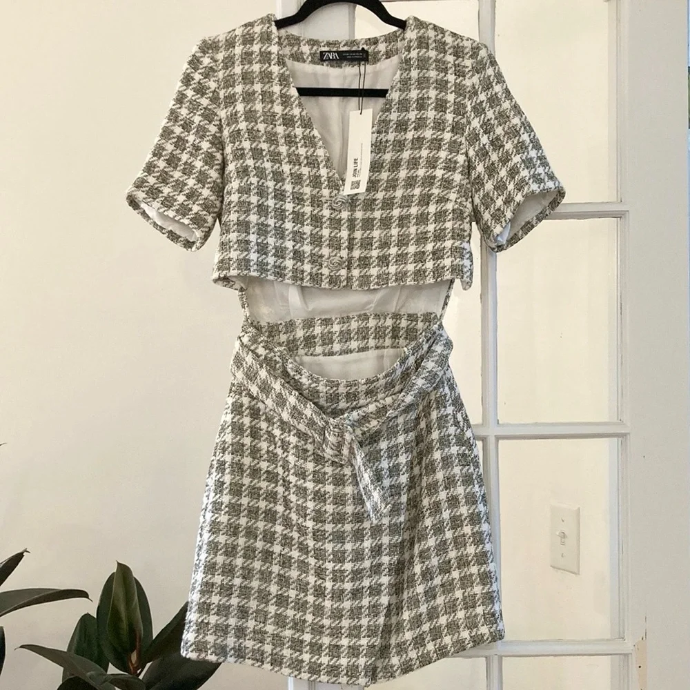 Zara Tweed Cut-Out Belted Mini Dress 1 piece - Picture 4 of 16